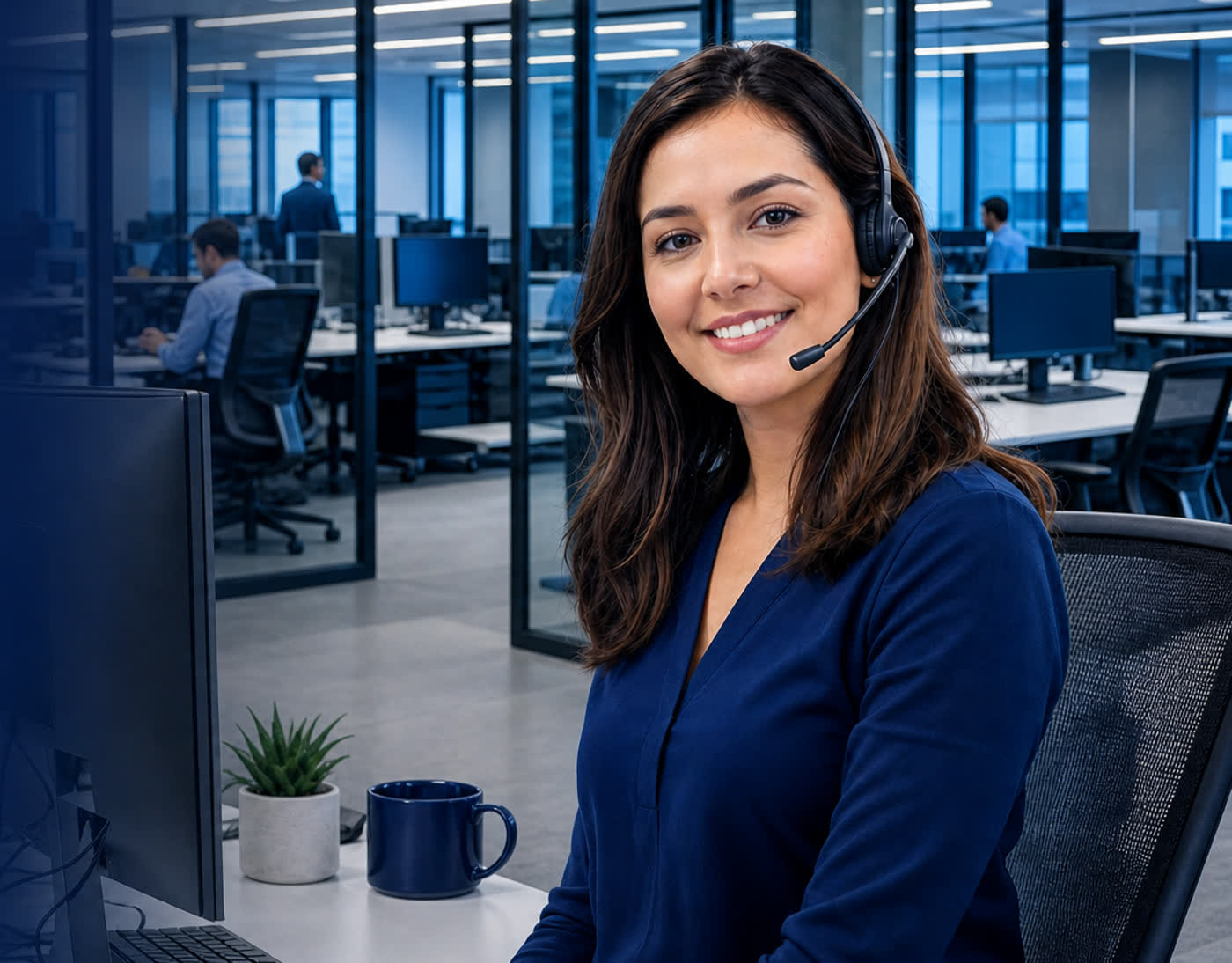 Support agent wearing a headset at her desk